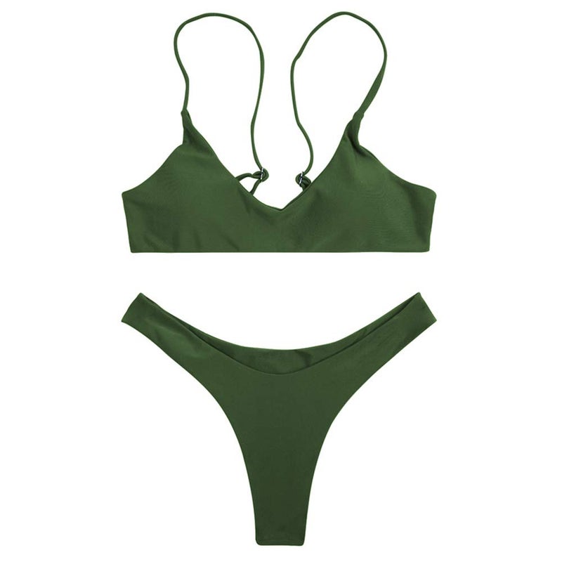 SherryDC Women's Solid Scoop Neck Push up Padded Brazilian Thong Bikini Swimsuit Army Green,M - Image 2
